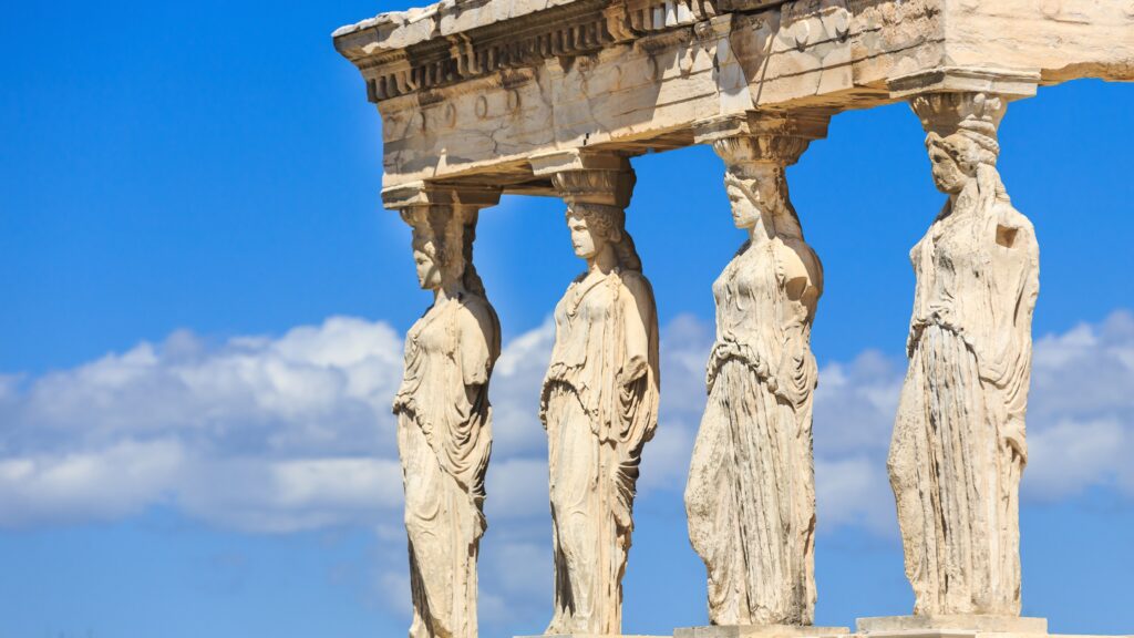 The Erechtheion found at the Athens Acropolis is worth visiting in the winter Close up of the replicas of the Caryatids statues found at the Athens Acropolis is worth visiting in the winter
