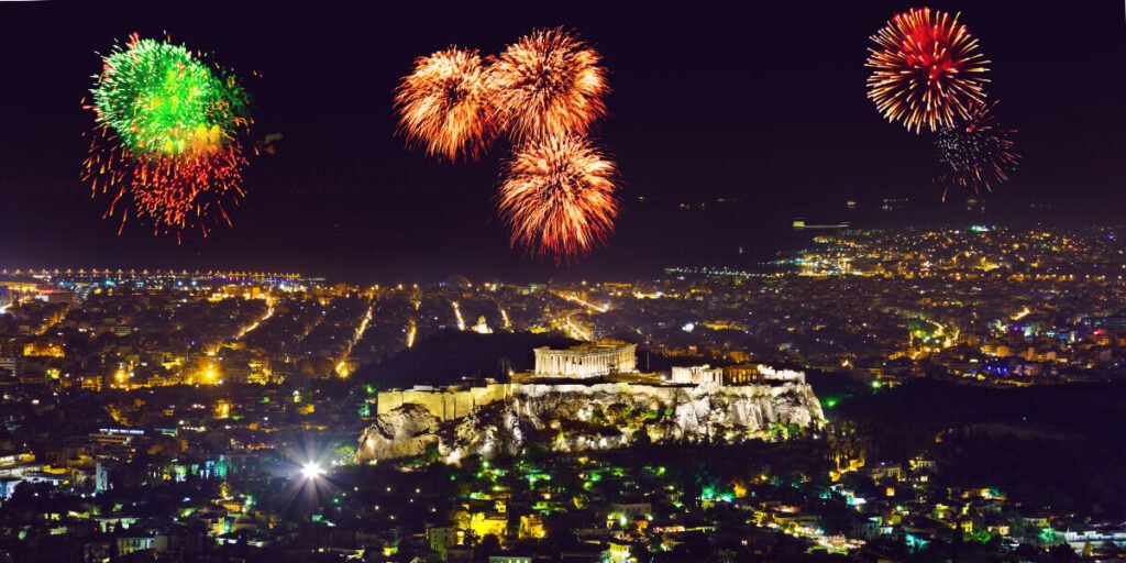 Fireworks over the Athens acropolis on New Years Eve can be enjoyed by those visiting in the winter Colourful fireworks over the Athens Acropolis can be enjoyed by those who are vivisiting in the winter for the New Year celebrations.